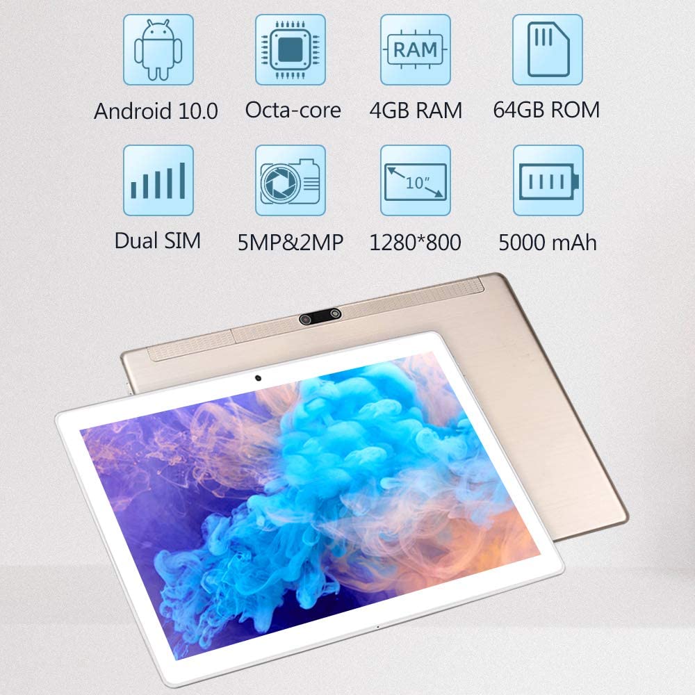 LNMBBS K110 Tablet 10 Inch, Android 10.0 Octa-Core Tablet with Keyboard, 4G LTE Tablet PC, 64GB ROM, 4GB RAM, Bluetooth 4.2, GPS, Wi-Fi, GPS, Type-c Support, Gold