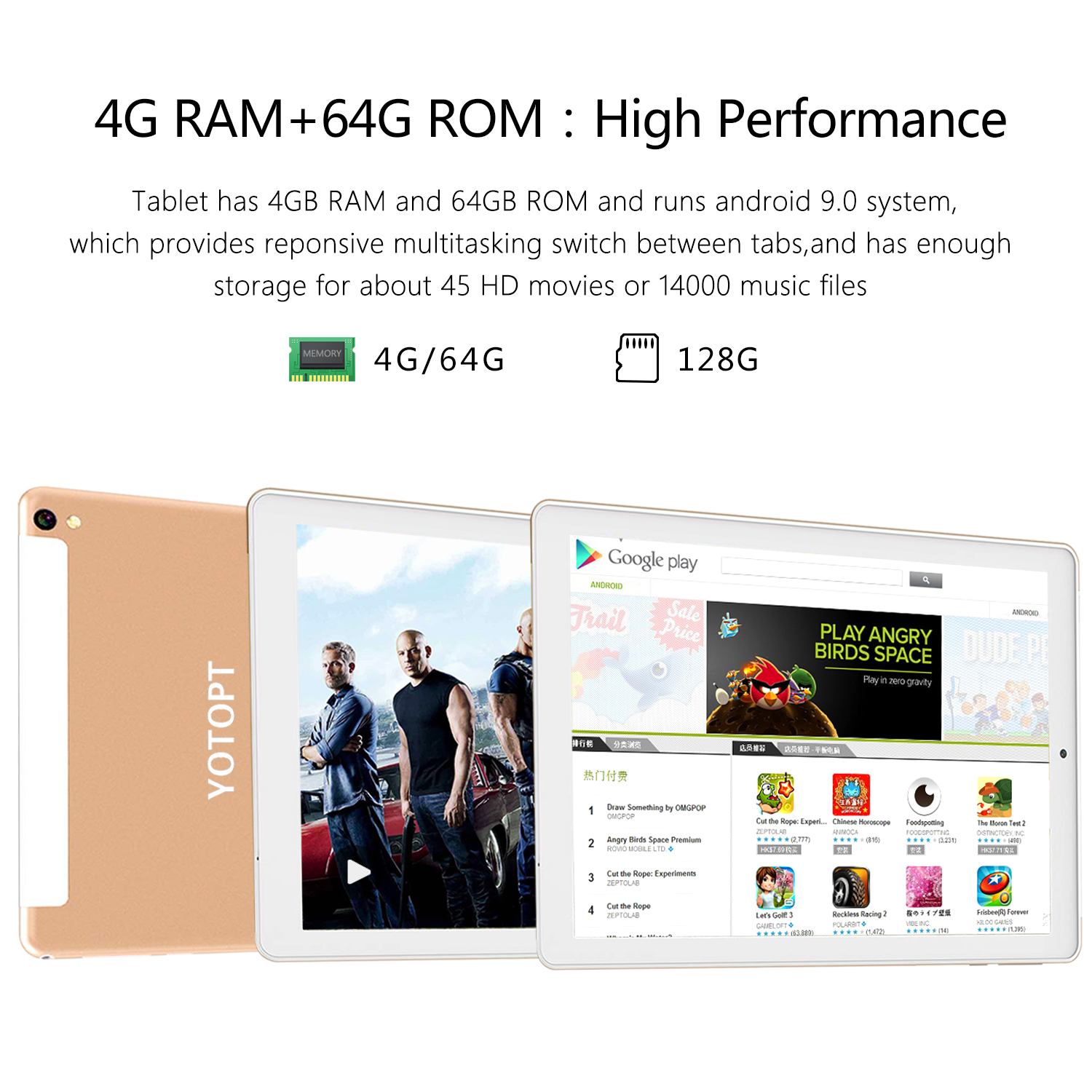YOTOPT G12 4G 10.1inch tablet pc Android 9.0、Quad core、4G lte Dual-SIM卡、64GB ROM、4GB RAM、WiFi/Bluetooth/GPS - gold