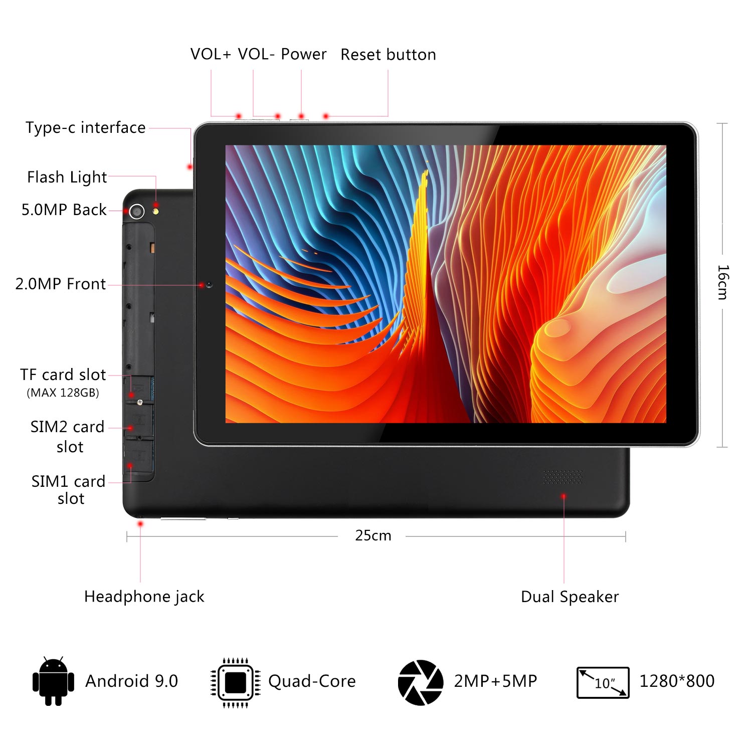 YOTOPT G12 4G 10.1inch tablet pc Android 9.0、Quad core、4G lte Dual-SIM卡、64GB ROM、4GB RAM、WiFi/Bluetooth/GPS - black