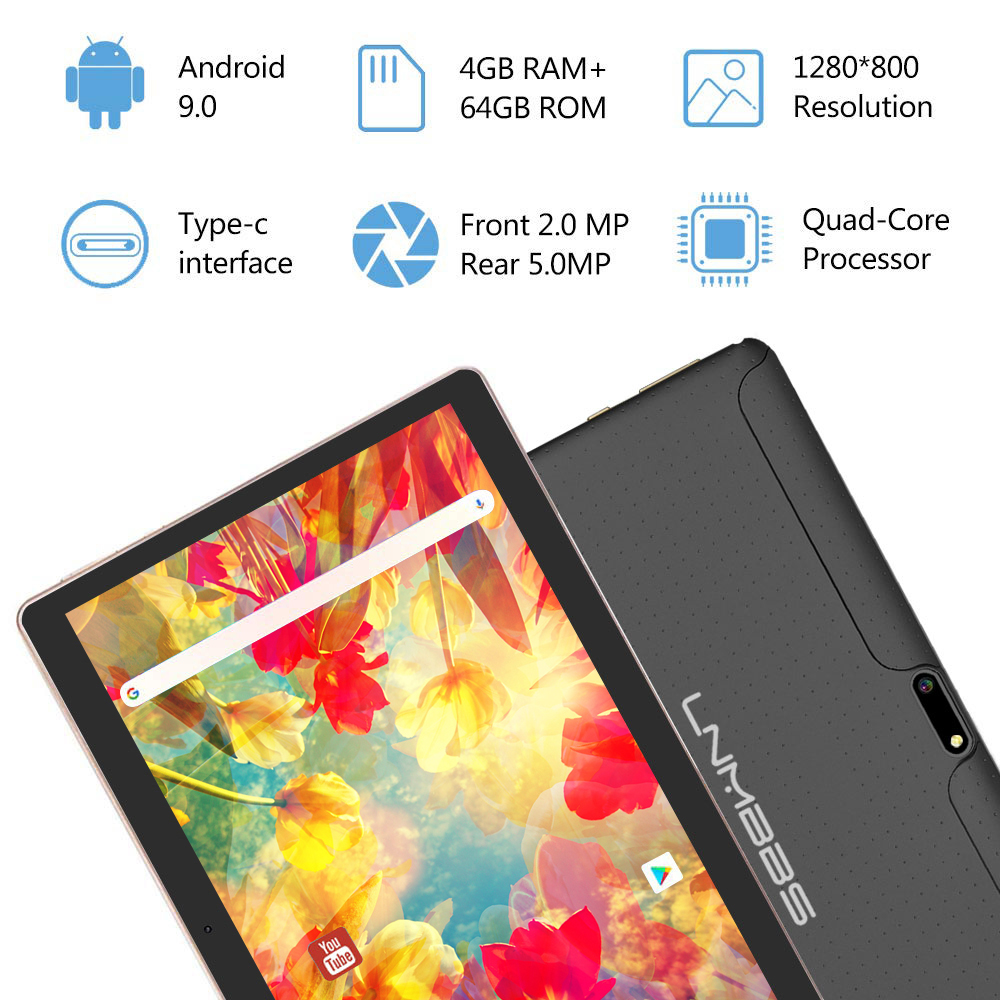 LNMBBS Android 9.0 10'' Tablet with WiFi 4GB RAM and 64GB Memory Tablet PC Quad Core Processor and Dual SIM Slots and one TF Slot Camera GPS OTG